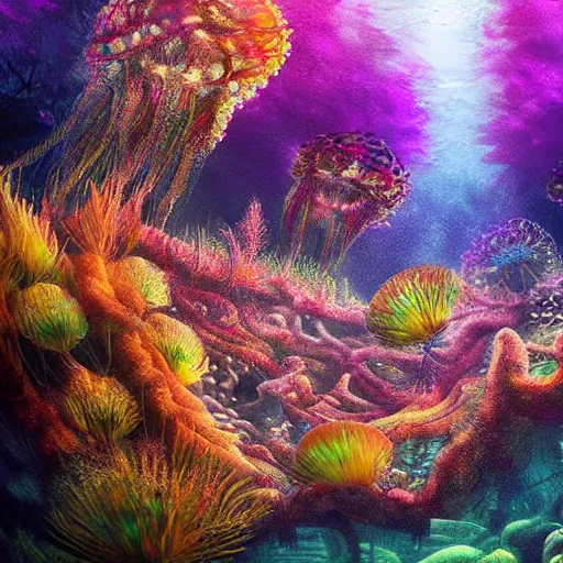 Image similar to underwater forest made of jellyfish beautiful composition, wide angle, colorful, cinematic, volumetric lighting, intricate details painting