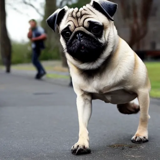 Image similar to a pug whose legs have been replaced with human legs, photo