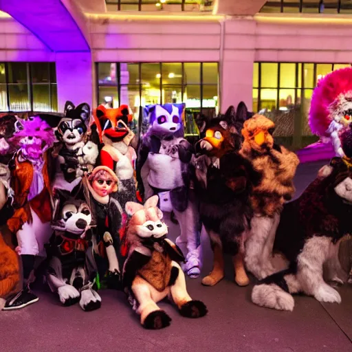 Image similar to photograph of a group or fursuiters at a furry convention in the city park at night, studio photography, f/1.8 cinematic lens