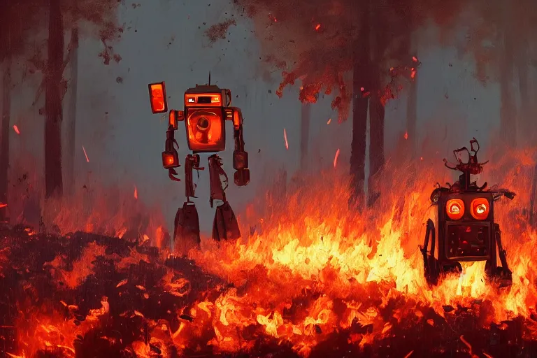 Image similar to a small scrawny robot taking some metal objects off the ground in a burning forest fire, by alejandro burdisio, trending on cgsociety, unreal engine