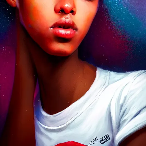 Image similar to colorful and festive captivating teenager with straight brown hair covering his eye, dark skin, big lips, big eyes, wearing a red t - shirt. rich vivid colors, ambient lighting, dynamic lighting, 4 k, atmospheric lighting, painted, intricate, highly detailed by charlie bowater