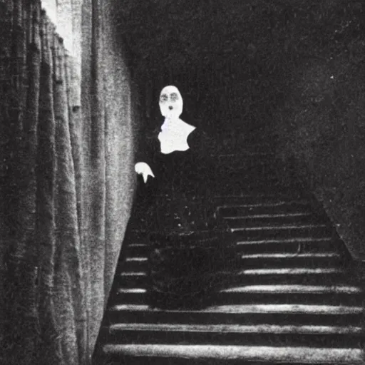 Image similar to a scary victorian ghost woman on a stairway, 1898,