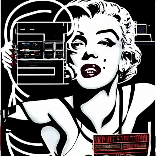 Image similar to Illustrated by Shepard Fairey and H.R. Geiger | Cyberpunk Marilyn Monroe with VR helmet, surrounded by cables