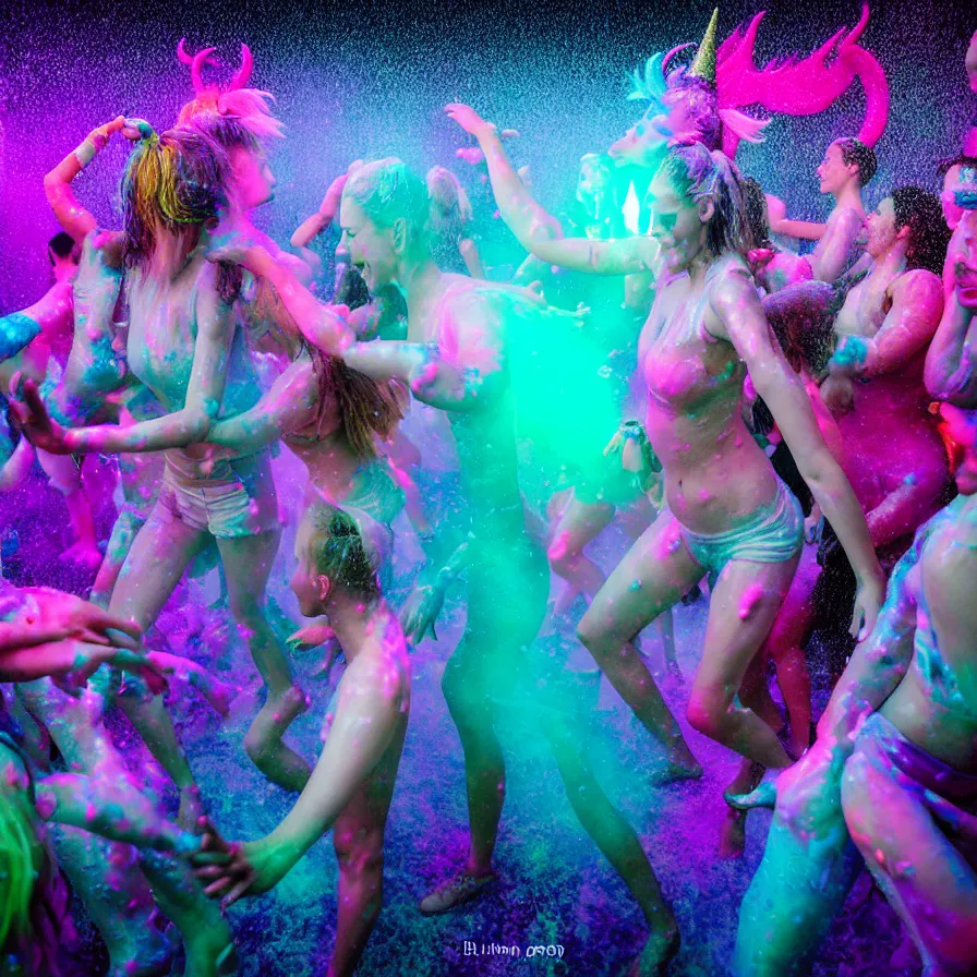 Image similar to epic professional digital portrait of 🦄🎉 dance foam party, happy, cheerful, fun,, detailed, hdr, 4 k, leesha hannigan, wayne haag, reyna rochin, ignacio fernandez rios, mark ryden, iris van herpen, best on wlop, pixiv, stunning, gorgeous, much wow, cinematic, masterpiece