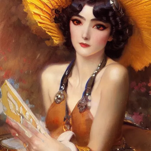 Image similar to detailed portrait of art deco anime girl, painting by gaston bussiere, craig mullins, j. c. leyendecker