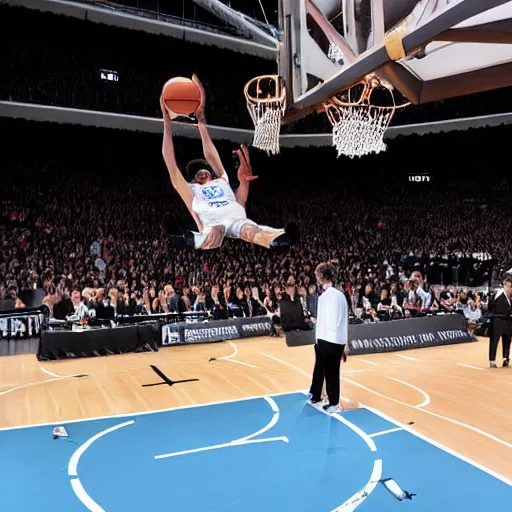 Prompt: photograph of stephen hawking in a wheelchair flying in the air dunking, highlights of the 2 0 1 9 nba slam dunking contest