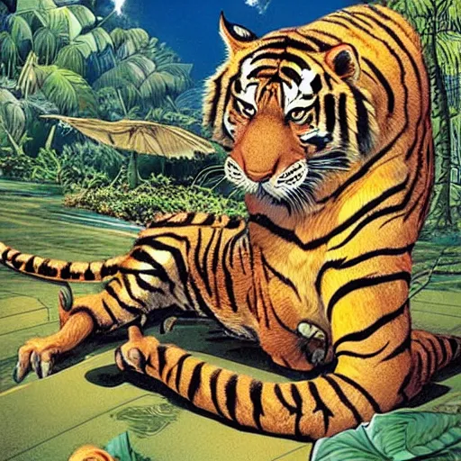 Prompt: a hybrid animal that is half alligator and half tiger in a futuristic city scape on the edge of the jungle, rule of thirds, painting style of jean giraud and moebius and don lawrence and alex ross