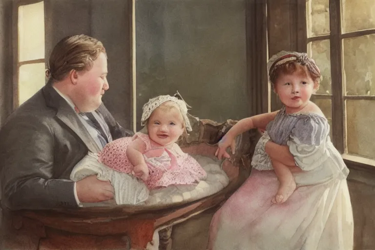 Image similar to charming and chubby parents and their very fat baby girl, wearing a polka dot cloths and a victorian - style hairdo, sits in the large and bright studio. sunlight enters through the barred window. delicate watercolor and pencil on canvas. beautiful lighting, 4 k post - processing, highly detailed, 5 k extremely detailed, 3 d. cinematic scene.