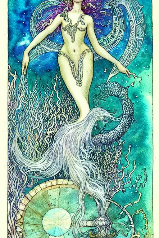 Image similar to alchemical mermaid underwater, fantasy art, art by hans zatzka and walter crane and kay nielsen, watercolor illustration,