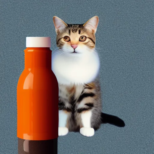 Prompt: a cat standing next to a bottle of medicine. the cat was orange in color and having fluffy fur. animal. digital art. pixabay. shutterstock. low poly style.