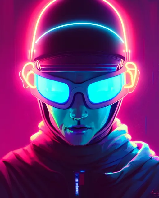 Image similar to cyberpunk synth, photographic, hyper - realistic detailed portrait of a man in a hoodie, with neon visor, dynamic pose, by atey ghailan, by greg rutkowski, by greg tocchini, by james gilleard, by joe fenton, by kaethe butcher, sharp focus