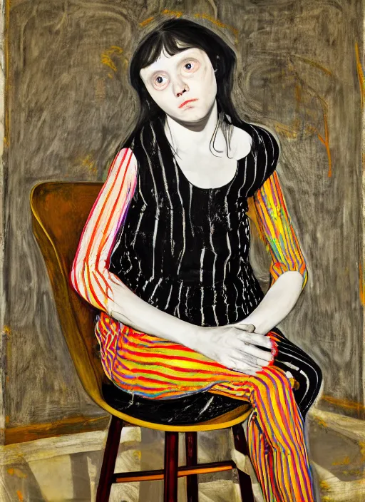 Prompt: portrait of a nervous young girl harlequin sitting on a stool, by vincent lefevre and hernan bas and pat steir and hilma af klint, psychological, photorealistic, symmetrical face, dripping paint, washy brush, threads, rendered in octane, altermodern, masterpiece