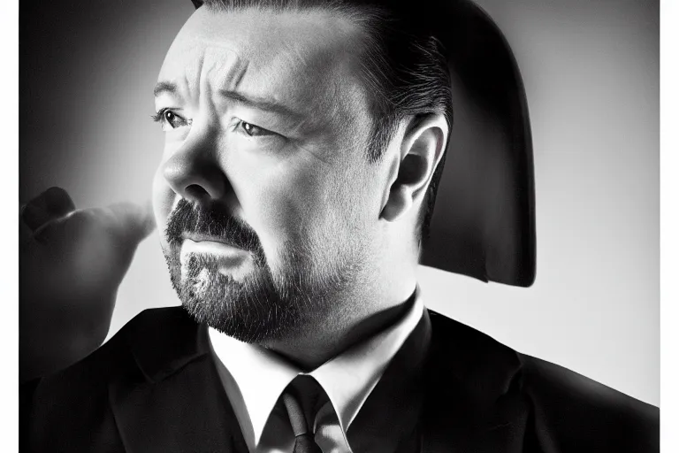 Prompt: an 8 5 mm portrait of ricky gervais as a 1 7 0 0's gangster by gustave baumann, lomography lady grey, ultra realistic, beautiful lighting, dramatic