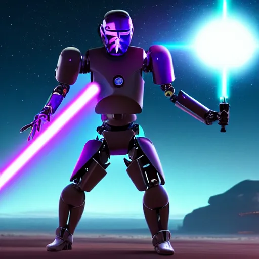 Image similar to humanoid robot in fighting stance wielding lightsaber in front of a violet planet in the sky, unreal engine, featured on cgsociety, trending on artstation, detailed, scifi futuristic character concept, simon stalenhag, movie still, octane render, hubble telescope, violet planet, stars, hyperrealistic, cinematic, by weta digital, epic action pose