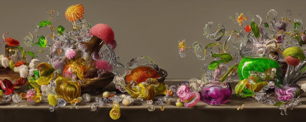 Image similar to ultradetailed photorealistic still life with jelly flowers by ernst haeckel, jan brueghel, james jean and björk, slime and tentacles, wide angle, minimalistic cinematic composition, octane render, bokeh, unreal engine, 4k, 3d render