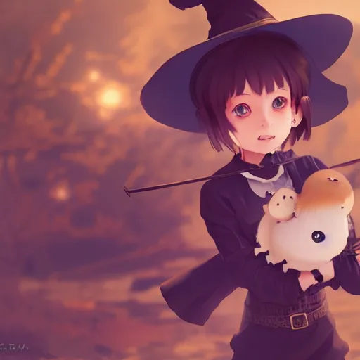 Prompt: full body portrait character concept art, anime key visual of a little witch with her capybara mascot, cinematic lighting, dramatic atmosphere, by dustin nguyen, akihiko yoshida, greg tocchini, greg rutkowski, cliff chiang, 4 k resolution, octane render