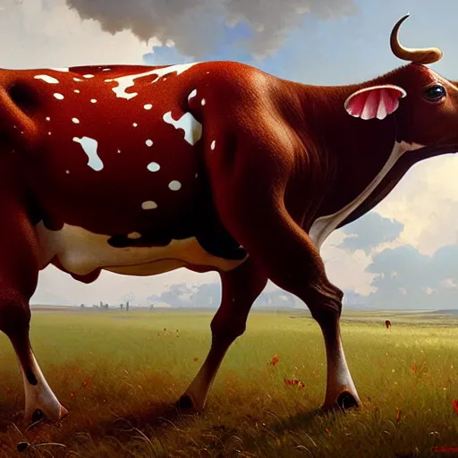 Image similar to many mushrooms sprouting from a cow's back. a cow with a red skin with white dots. highly detailed, digital painting, artstation, smooth, sharp focus, masterpiece, illustration, art by greg rutkowski and alphonse mucha