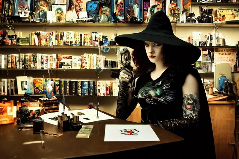 Prompt: close up photo, dramatic lighting, concentration, calm confident cyberpunk teen kat denning witch and her cat, tarot cards displayed on the table in front of her, sage smoke, magic wand, dark fantasy art, a witch hat and cape, apothecary shelves in the background., by yoji shinkawa neon