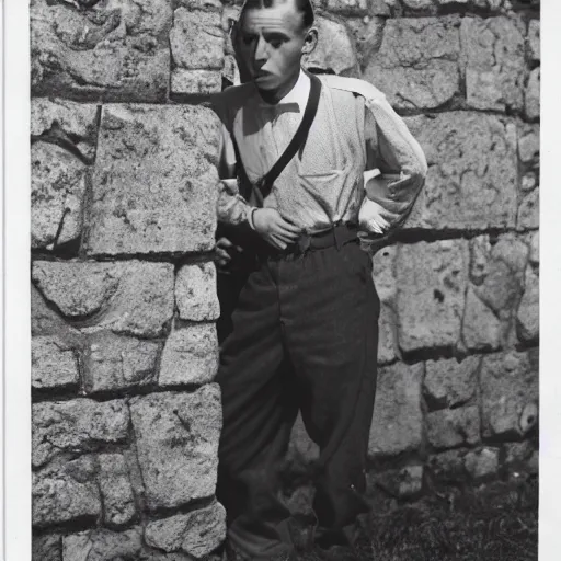 Image similar to A terrified young man in 1930s attire cornered with his back against a stone wall