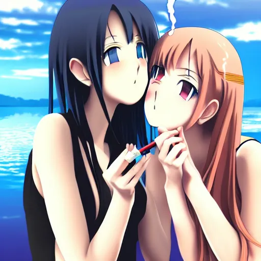 Image similar to two beautiful lesbian girls in love, smoking a hemp cigarette with smoke, sitting in front of a lake, in the style of anime, close - up, highly detailed face, 4 k, pixiv, intricate, elegant, highly detailed, lush, stylized, japanese, smooth