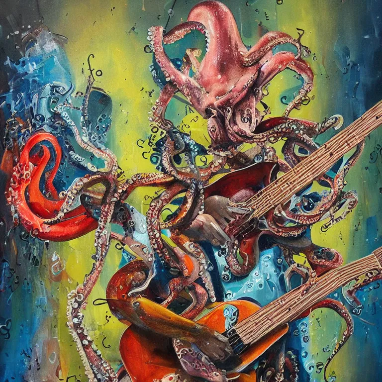 Prompt: a beautiful painting by bordalo ii of an octopus playing drums and telecaster guitar in an electronic concert, dark background, concert light, dark mood, warm lights