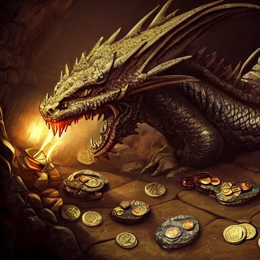 Prompt: a very old dragon laying down on a pile of coins, treasures, loot, gems, precious stones, rings, in a cave, dark - lit with torches along the walls, with many gold coins, many treasures, piled around, very high detail, 8 k, artstation