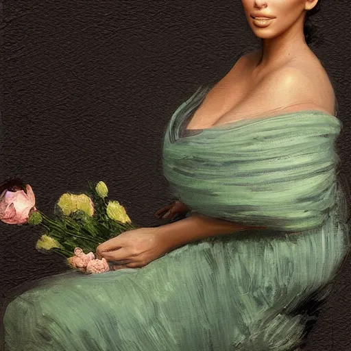 Image similar to happy very thick paint brush strokes paint texture full body fashion model kim kardashian by Jeremy Lipking by Hasui Kawase by Richard Schmid (((smokey eyes makeup eye shadow fantasy, glow, shimmer as victorian woman in a long white frilly lace dress and a large white hat having tea in a sunroom filled with flowers, roses and lush fern flowers ,intricate, night, highly detailed, dramatic lighting))) , high quality