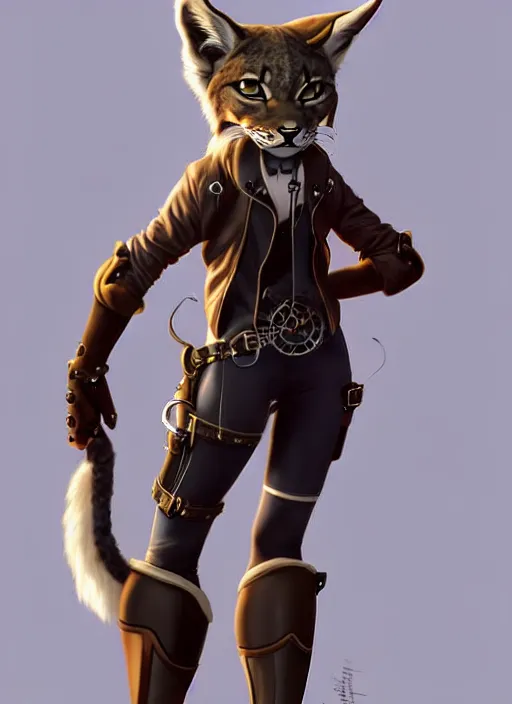 Prompt: wide angle beautiful full body portrait of a strong female anthropomorphic anthro lynx fursona from behind wearing a steampunk leather pants. paw pads instead of feet, character design by disney, anime, manga, charlie bowater, ross tran, artgerm, and makoto shinkai, detailed, soft lighting, rendered in octane