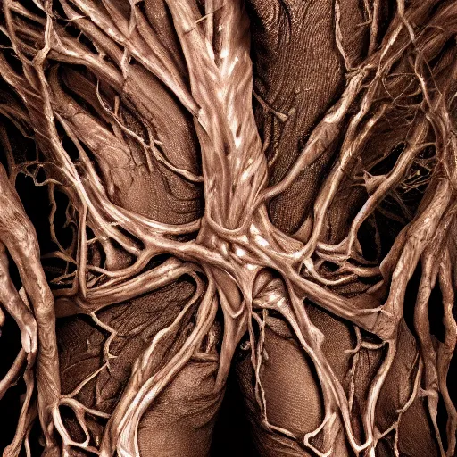 Prompt: A tree with translucent skin, visible muscles and veins and arteries and bones and spines and nerves, beautiful detailed intricate insanely detailed octane render, 8k artistic photography, photorealistic, chiaroscuro, by David Cronenberg, Raphael, Caravaggio