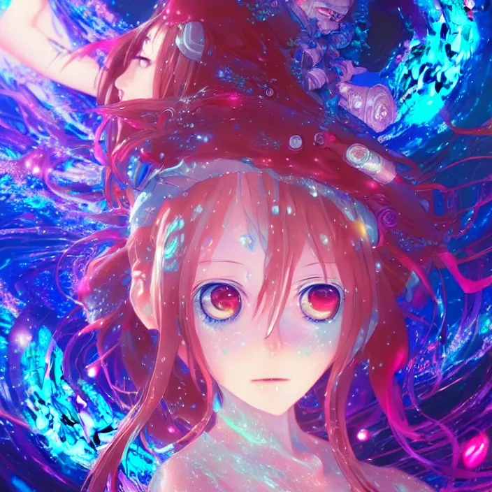 Image similar to ultra detailed illustration of a anime girl covered in liquid chrome, lost in a dreamy fairy multiverse by ross tran, Andrew Thomas Huang, dan mumford, Druillet, colorful, front view, vivid colors, 8k, coherent, artgerm, anime vibes, octane render, uplifting, magical composition, artstation