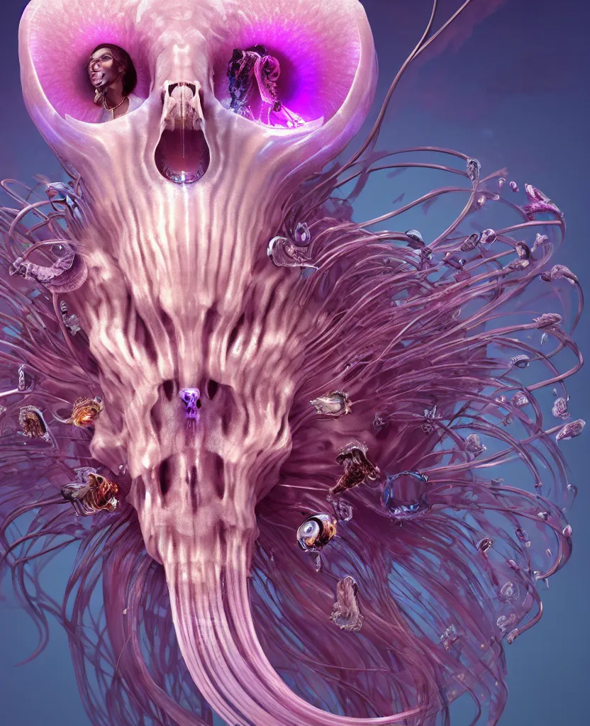 Image similar to goddess princess face close-up portrait ram skull. jellyfish phoenix head, nautilus, orchid, skull, betta fish, bioluminiscent creatures, intricate artwork by Tooth Wu and wlop and beeple. octane render, trending on artstation, greg rutkowski very coherent symmetrical artwork. cinematic, hyper realism, high detail, octane render, 8k