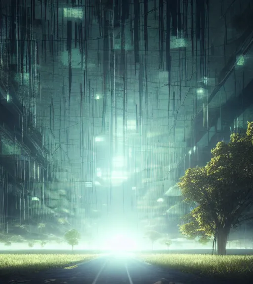 Image similar to symmetric daydreaming of the god of sun glare, fluid dance of the blockchain big cotton sheets in the center of the air, cyberpunk forest, majestic light, octane render, beauty fog, ethereal glare of the sun, raining rainbow, volumetric lighting, hyperealistic, epic, masterpiece