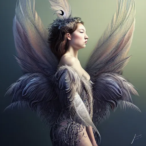 Image similar to portrait of a girl transforming into a feathered bird, covered in feathers, wings spread, taking flight, surreal, fantasy, intricate, elegant, dramatic lighting, emotional, symbolic metaphor, highly detailed, lifelike, photorealistic, digital painting, artstation, concept art, smooth, sharp focus, illustration, art by John Collier and Krenz Cushart and Artem Demura and Alphonse Mucha and Albert Aublet