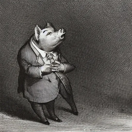 Prompt: a pig in a tuxedo, chiaroscuro, illustration by Gustave Doré,