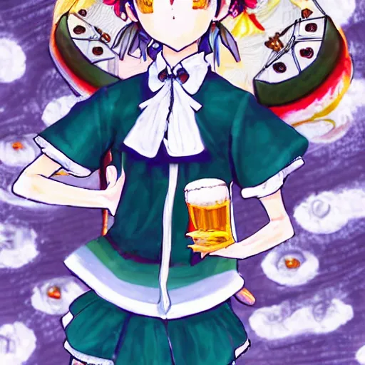 Prompt: highly detailed portrait of touhou project creator and video game designer zun drinking a single beer