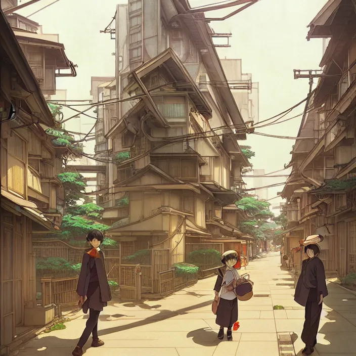 Image similar to empty tokyo neighborhood, spring, in the style of studio ghibli, j. c. leyendecker, greg rutkowski, artem