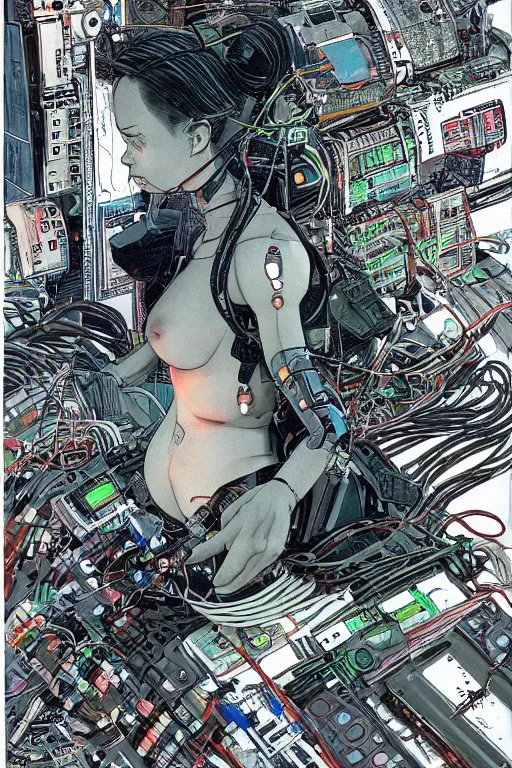 Prompt: an hyper-detailed cyberpunk illustration of a female android seated on the floor in a tech labor, seen from the side with her body open showing cables and wires coming out, by masamune shirow, and katsuhiro otomo, russia, 1980s, centered, colorful