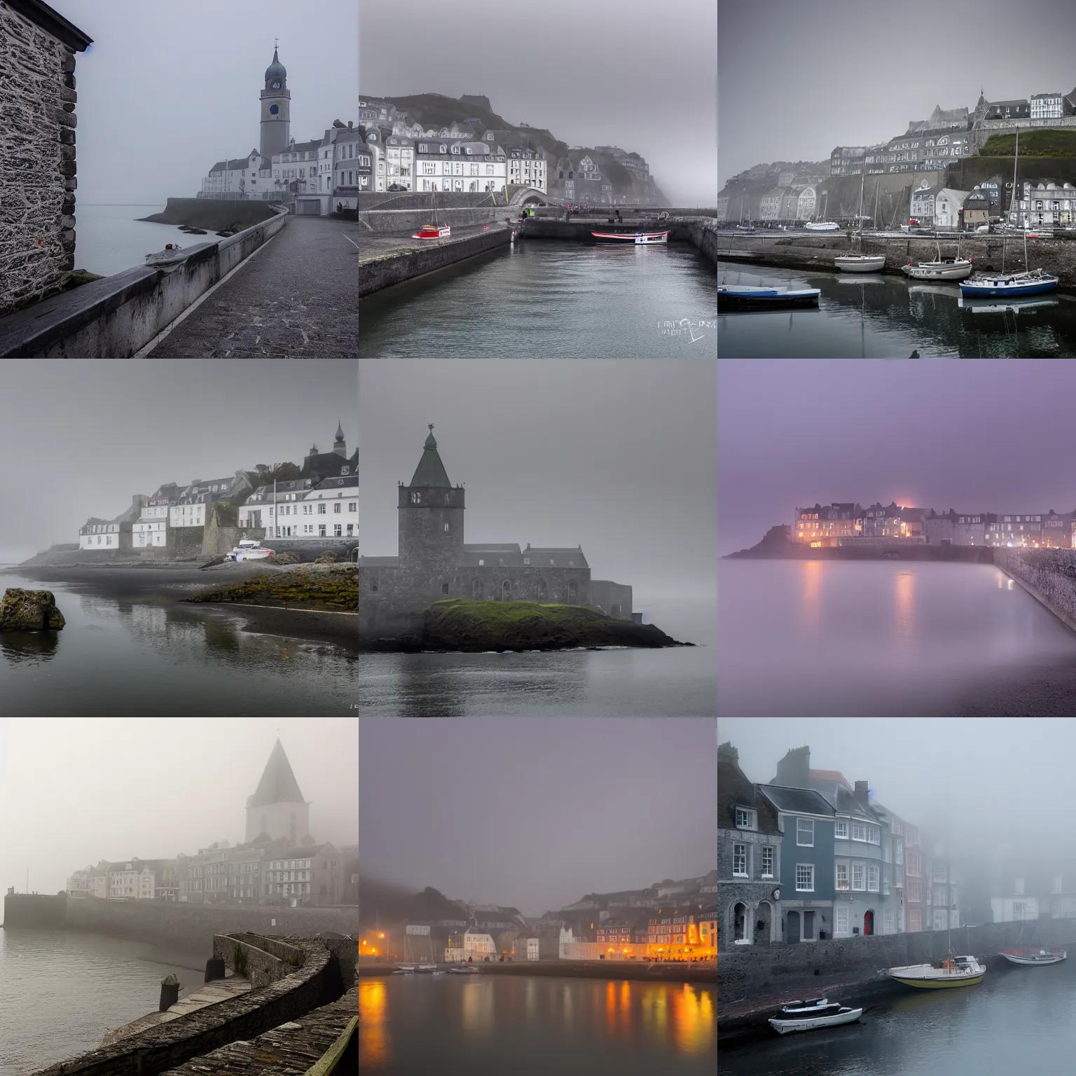 Prompt: dramatic old St Peter Port in fog 8k, smooth,