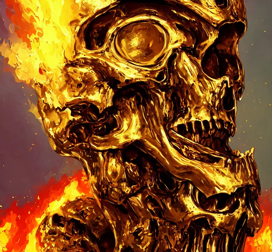 Prompt: gold terminator skull on flaming town, acrilic paint, brush paint, heavenly atmosphere, paint, ultra detailed, beautiful image, resolution, artstation