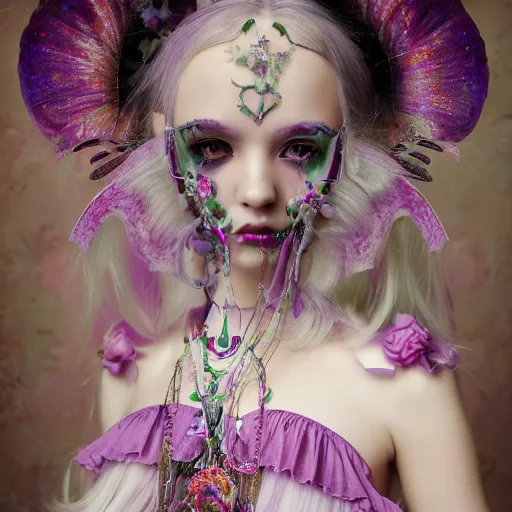 Prompt: Ethereal, mysterious stunning maximalist mesmerizing girl from the rainbow sky paradise, high-tech, professional high fashion model photo shoot for Victorian gothic lolita fashion, hyperdetailed by Mark Ryden and artgerm and Hiroyuki-Mitsume Takahashi, close-up 35mm macro shot, hyperrealism, 8k resolution 3D, cinematic, dynamic lighting, octane render, unreal engine 5