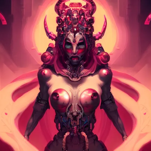 Image similar to a portrait of a beautiful demonic cybernetic queen of hell, cyberpunk concept art by pete mohrbacher and wlop and artgerm and josan gonzales, digital art, highly detailed, intricate, sci-fi, sharp focus, Trending on Artstation HQ, deviantart, unreal engine 5, 4K UHD image