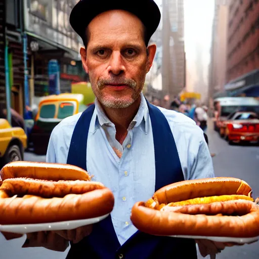 Prompt: closeup portrait of a shady snake oil salesman selling hotdogs in a smoky new york back street, by Annie Leibovitz and Steve McCurry, natural light, detailed face, CANON Eos C300, ƒ1.8, 35mm, 8K, medium-format print