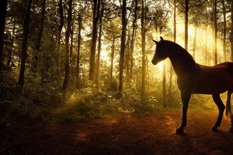 Image similar to beautiful horse in the forest evening natural light, fireflies, by Emmanuel Lubezki