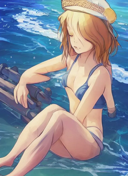 Prompt: girl at a beach, happy, beautiful, finely detailed, made by ross tran, studio ghibli, full body portrait, illustration, shinny water, shinny sand, sunny, anime, front view, perfect anime face, realistic face, zoomed out, smooth, blue eyes, high waisted shorts, sharp focus