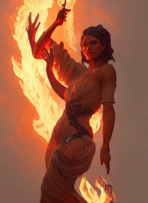 Image similar to a woman made of fire and smoke, full body view, beautiful high quality realistic fantasy art, trending on artstation by artgerm and greg rutkowski and alphonse mucha