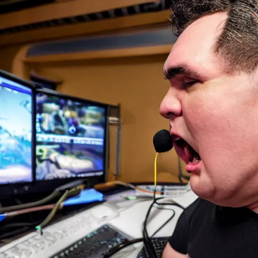 Image similar to obese Morrissey wearing a headset yelling at his monitor while playing WoW highly detailed wide angle lens 10:9 aspect ration award winning photography erasure head