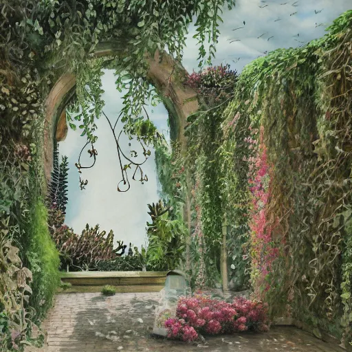 Image similar to delicate garden on paper, floating robes, puffy, vines, botanical herbarium, botanic watercolors, coastline, iridescent, 8 k wide angle, realistic shaded, fine details, artstation, italian, rainbow, colonnade, oak, pinecone, gardena architecture, pompeii, naples, sicilian, boundary wall