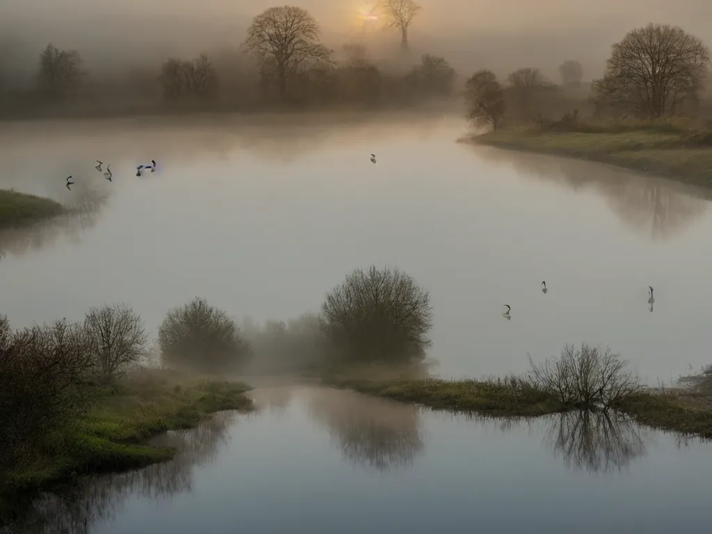 Image similar to A landscape photo taken by Kai Hornung of a river at dawn, misty, early morning sunlight, cold, chilly, two swans swim by, rural, English countryside