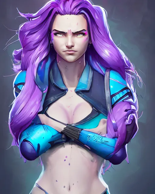 Prompt: beautiful female purple hair tattoo symmetrical face eyes full length fantasy art twitch apex fortnite Video game icon, 2d game art gta5 cover , official fanart behance hd artstation by Jesper Ejsing, by RHADS, Makoto Shinkai and Lois van baarle, ilya kuvshinov, rossdraws