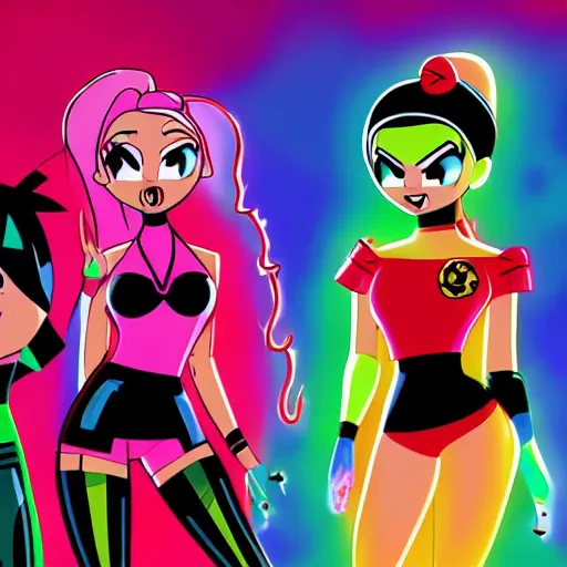 Prompt: powerpuff girls cinematic, 8 k, in the style of john romita jr art